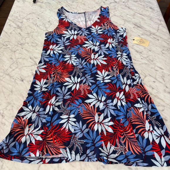 St. John's Bay Dresses & Skirts - St Johns Bay Womens Tropical Leaf Print Knit Dress Navy Red Medium NWT 845-0832
